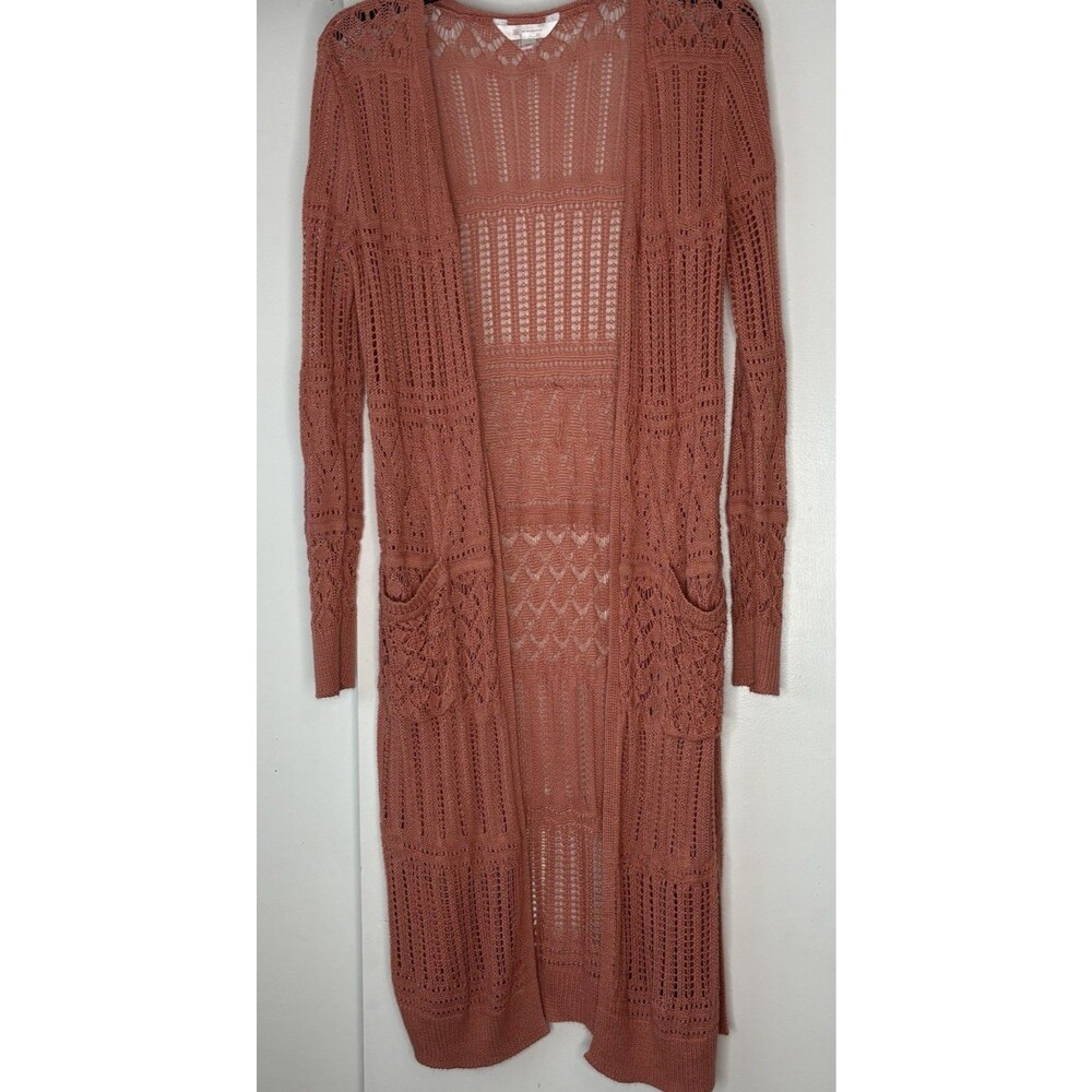 Rose Pink Long Open Weave Cardigan Fairycore Cottage Jr Size M (7-9) Long Sleeve